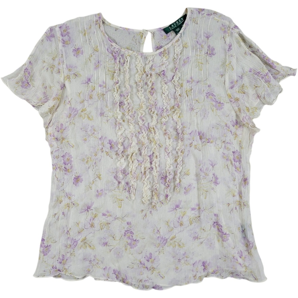 LRL Ralph Lauren Top Womens 14 Cream Purple Floral Silk Chiffon Ruffled Sheer